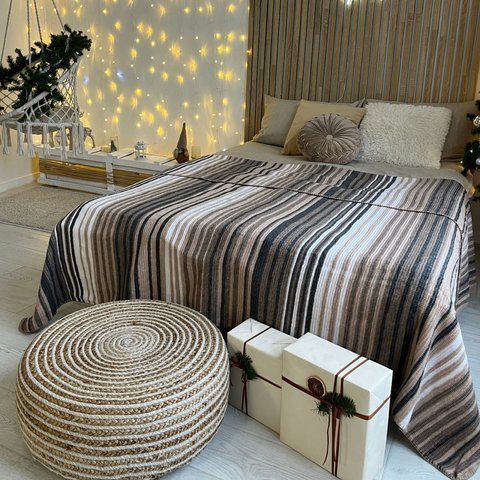 Soft plaid blanket 200x220 cm 50% wool, coffee striped