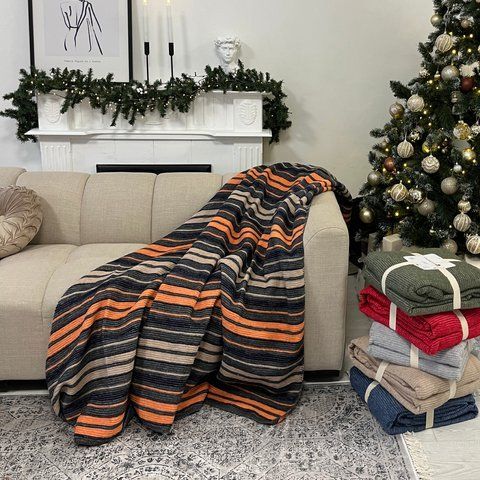 Soft plaid blanket 200x220 cm 50% wool, gray with orange stripes