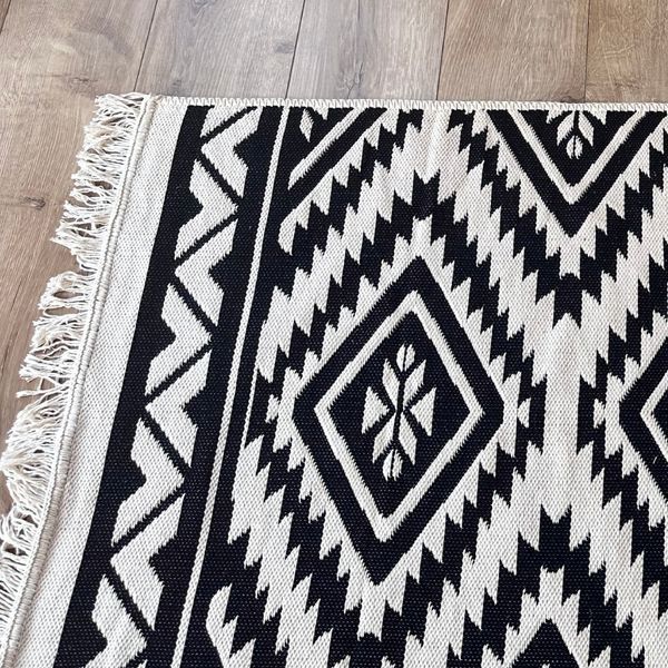 Cotton rug 80x300 cm double-sided, diamond pattern, black