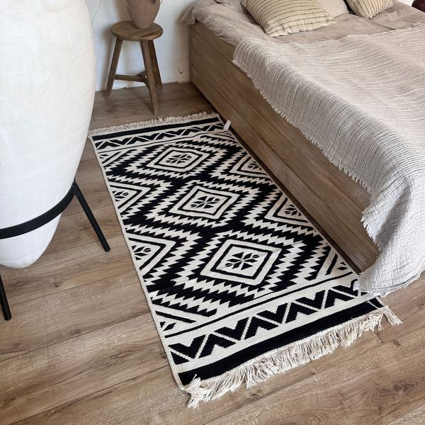 Cotton rug 80x300 cm double-sided, diamond pattern, black