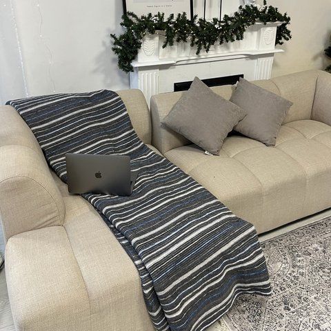 Soft plaid blanket 200x220 cm 50% wool, gray with white stripes