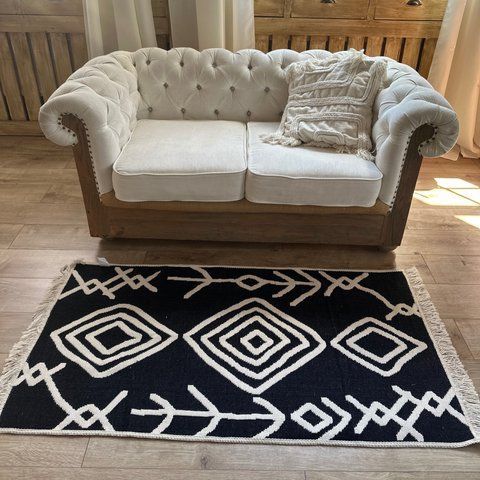 Cotton rug 80x200 cm double-sided, ethnic motifs, black