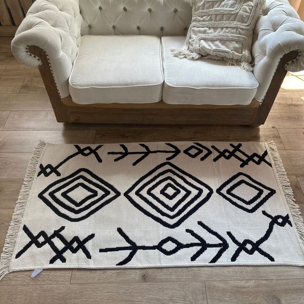 Cotton rug 80x200 cm double-sided, ethnic motifs, black