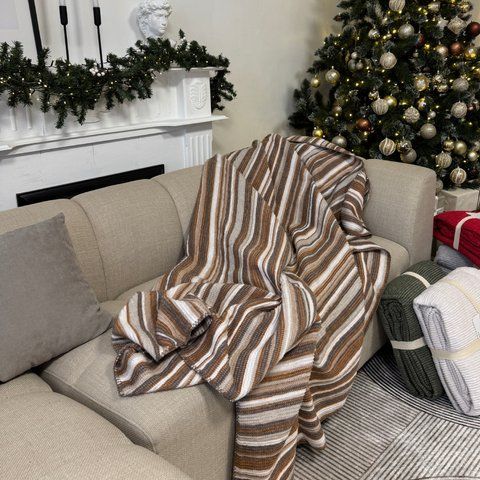 Soft plaid blanket 200x220 cm 50% wool, brown striped