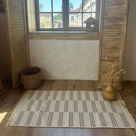 Cotton rug 80x200 cm double-sided, three stripes, beige